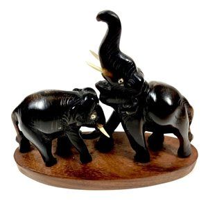 Indian Elephant Wooden Figurine with Tusks Handmade In India (4” x 3.5” X 1.5”)